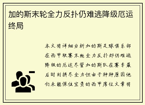 加的斯末轮全力反扑仍难逃降级厄运终局